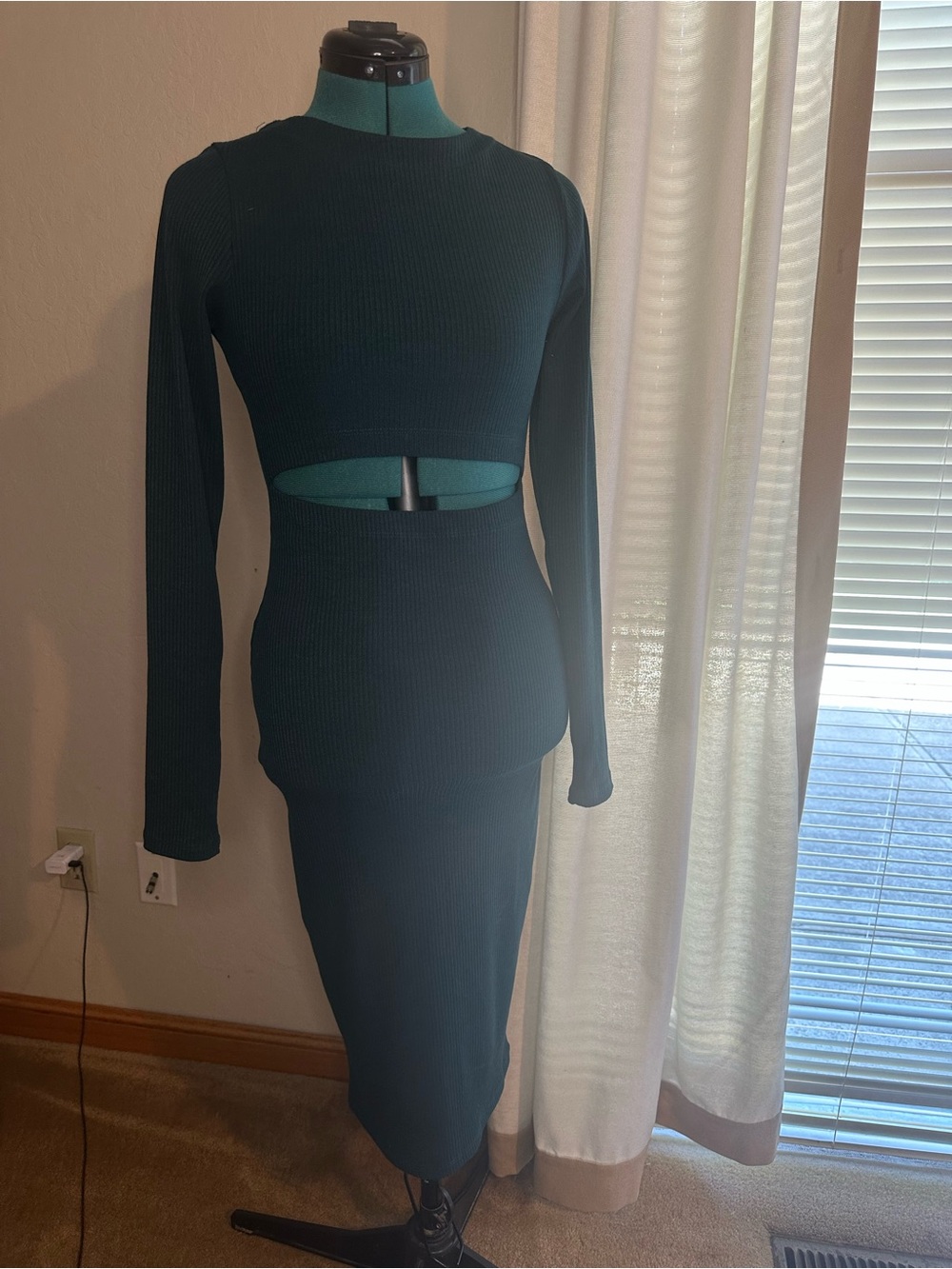 Tyche Dark Teal Ribbed Long Sleeve Cutout Dress